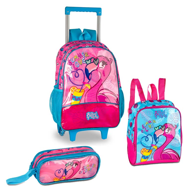MOCHILA CARRO + ESTUCHE PORTALAPICES + MOCHILA PEQUEÑA FLAMENCO